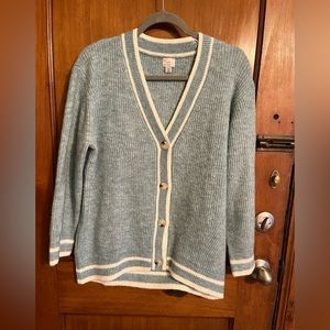 Teal cardigan sweater with white accent